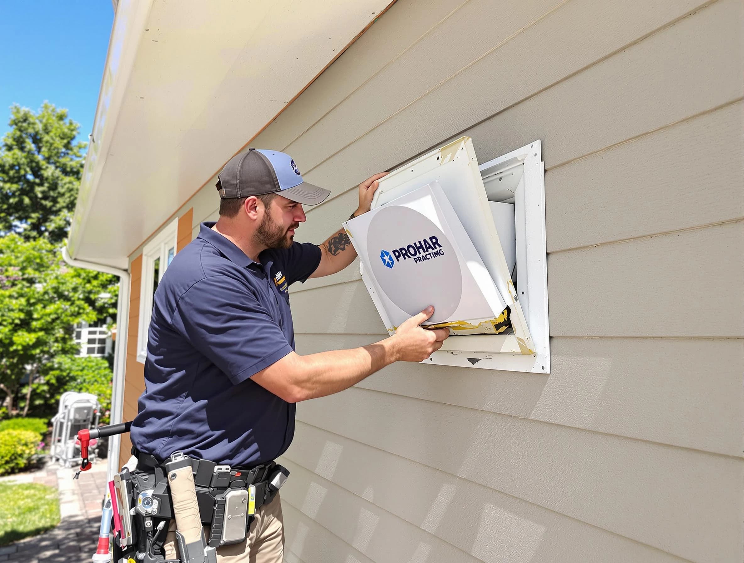 Dumbarton Dryer Vent Cleaning technician installing a new protective dryer vent cover on a home in Dumbarton