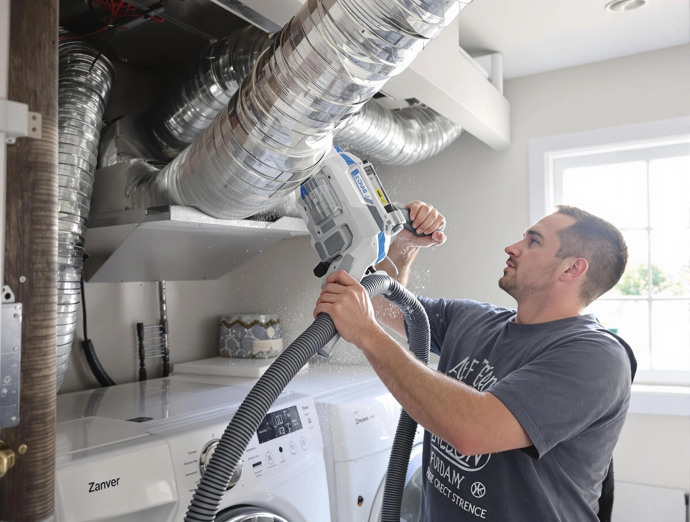 Dumbarton Dryer Vent Cleaning specialist cleaning deep within a dryer vent duct system in Dumbarton