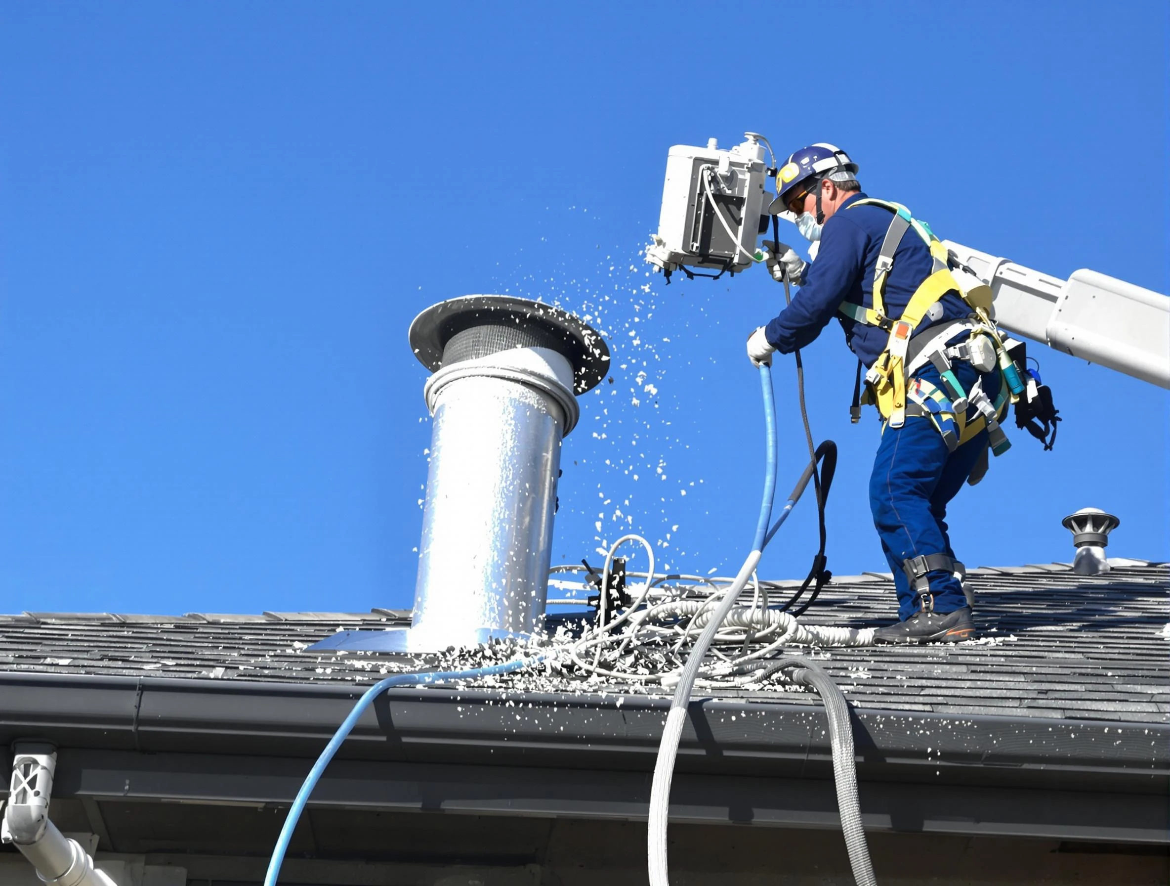 Dumbarton Dryer Vent Cleaning certified technician safely cleaning a roof-mounted dryer vent in Dumbarton